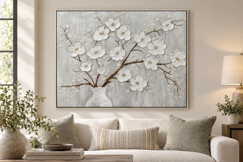 Porcelain Boughs - 48 X 36 - Hand-Painted Canvas In Frame - White