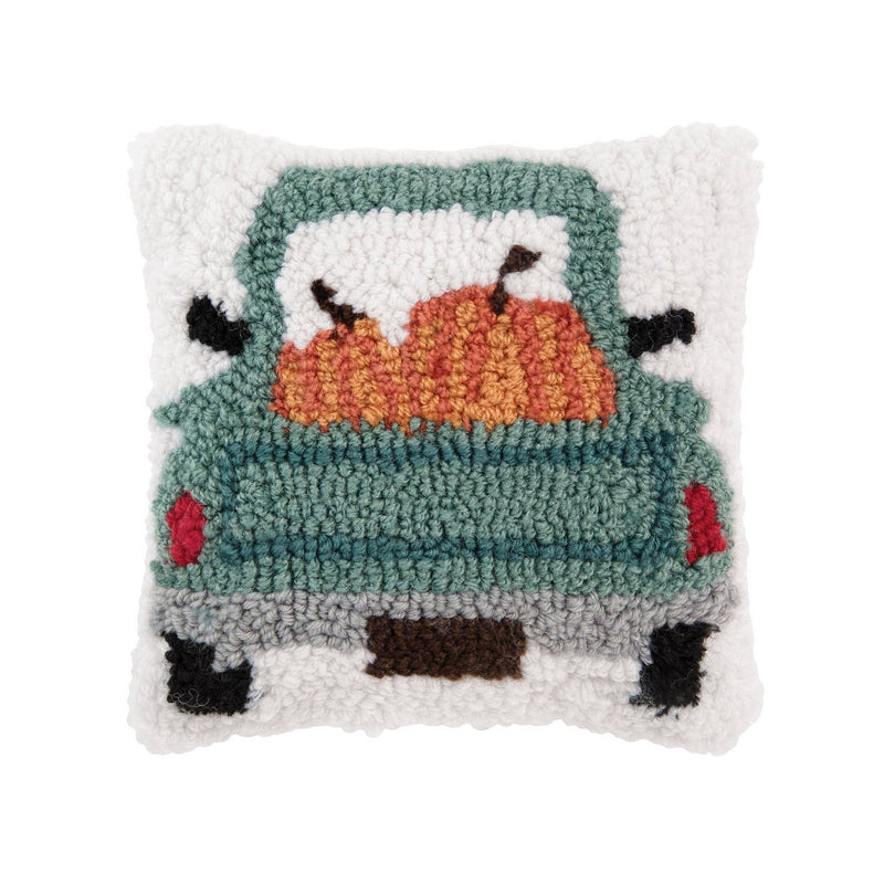 Fall Blue Truck Hooked Pillow