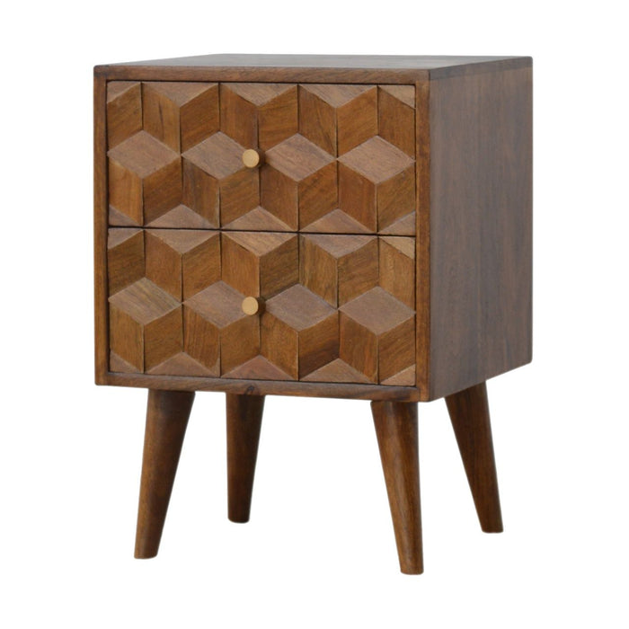 Cube Carved Bedside Table Nightstand - Chestnut