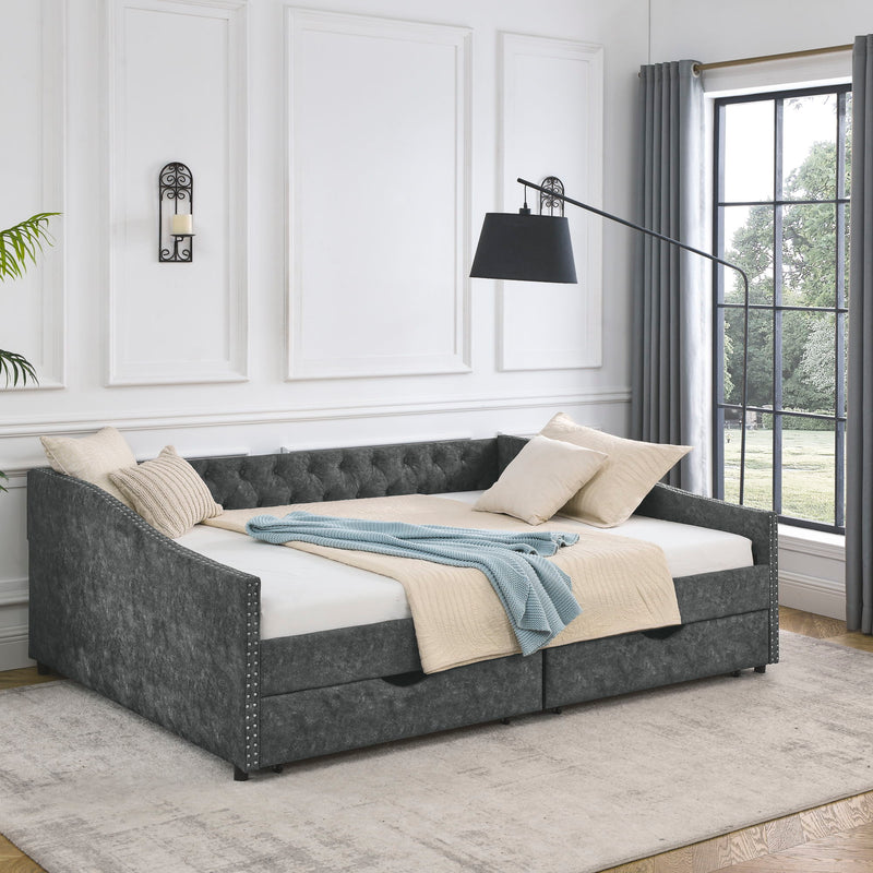 Queen Size Upholstered Daybed With Tufted Back And Nail Trimmed Waved Arms - Gray