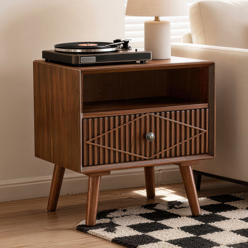 Nightstand With Carved Geometric Drawer Front, 1 Drawer And Open Shelf, Bedside Table For Bedroom - Walnut