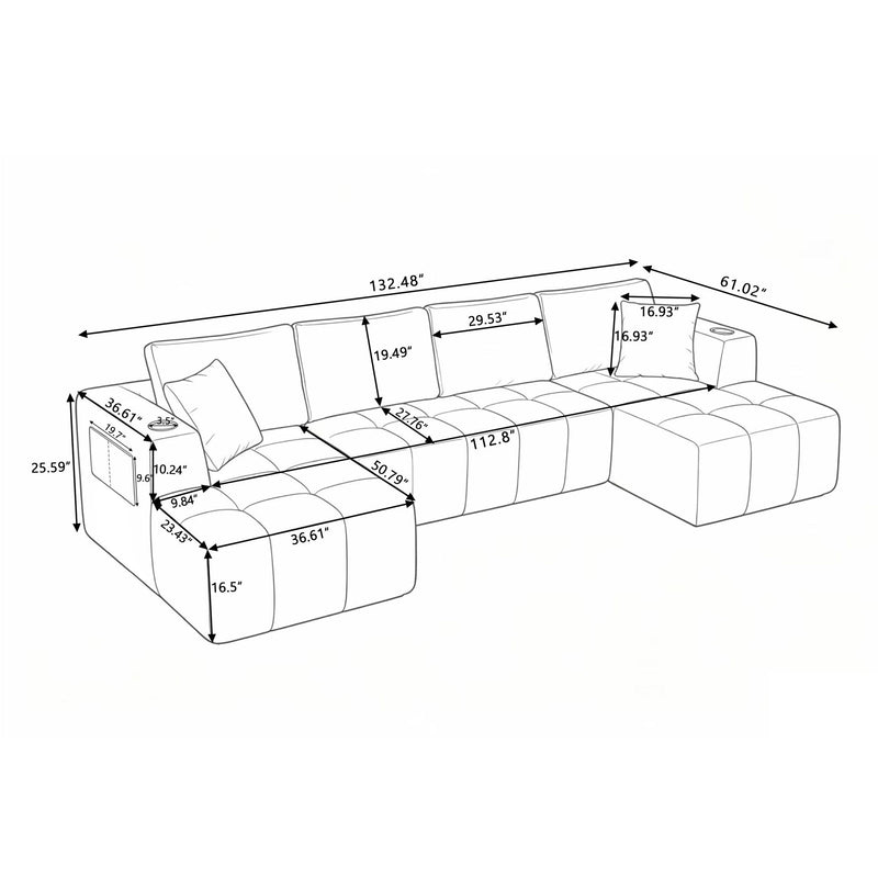 U - Shaped Sectional Sofa, Cup Holders & Side Pockets For Living Room