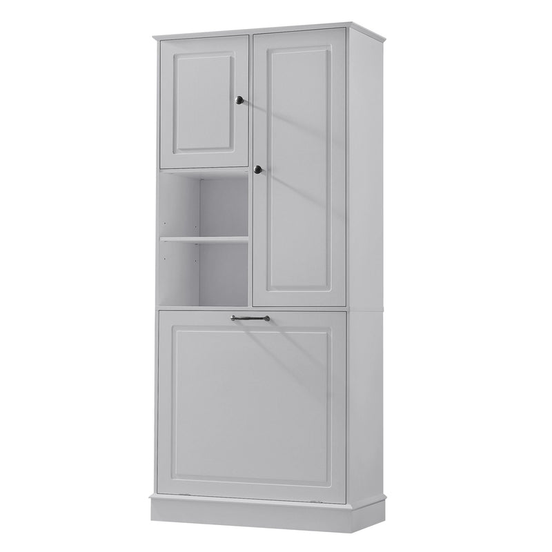 Modern Tall Storage Cabinet With Adjustable Shelves, Flip-Out Basket & Enclosed Doors