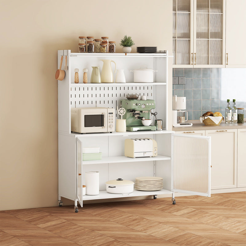 Contemporary Kitchen Pantry Cabinet With Glass Doors, Adjustable Shelves, Steel - Brushed Nickel