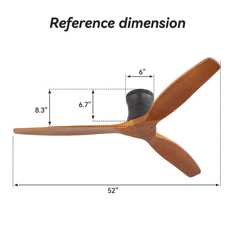 52" Ceiling Fan, No Light Flush Mount Low Profile 3 Blades With Remote Control