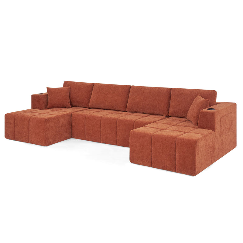 U - Shaped Sectional Sofa, Cup Holders & Side Pockets For Living Room