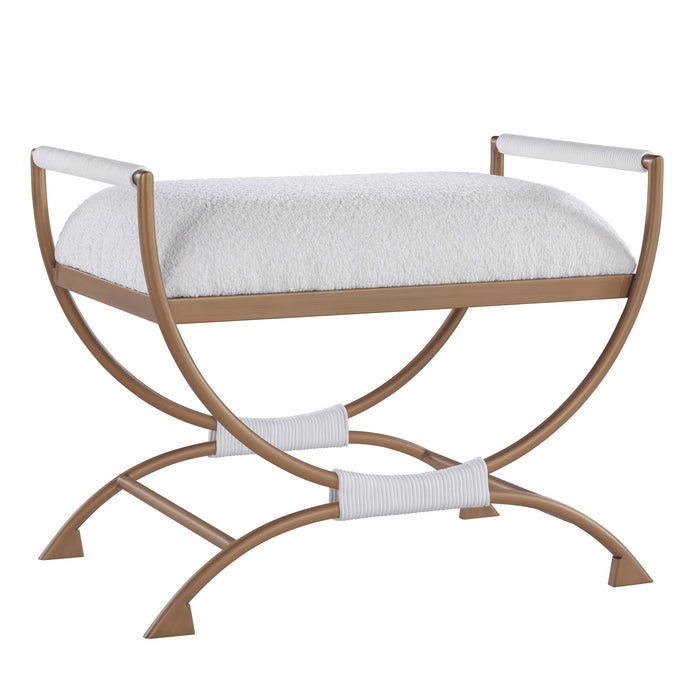 Nora - Bench With Bronze Metal Frame And Boucle Fabric Seat - White