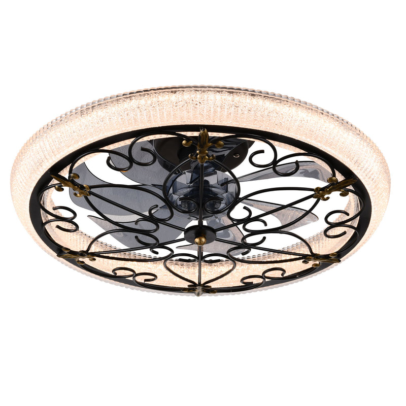 20" Caged Ceiling Fan With Remote Control And Crystal Sand Lampshade - Matte Black