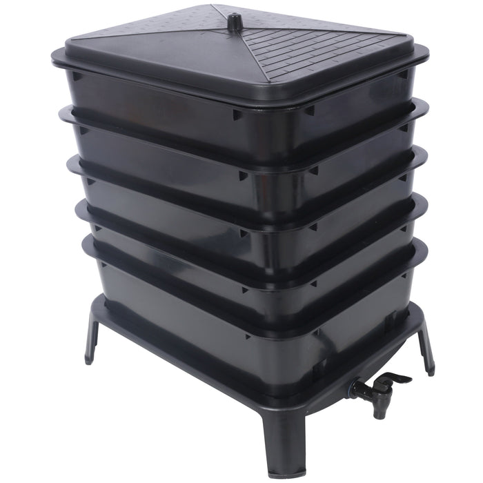 Eco Friendly 5 Layer Worm Compost Bin With 50L Capacity, Easy Setup Plastic Worm Farm Kit - Black