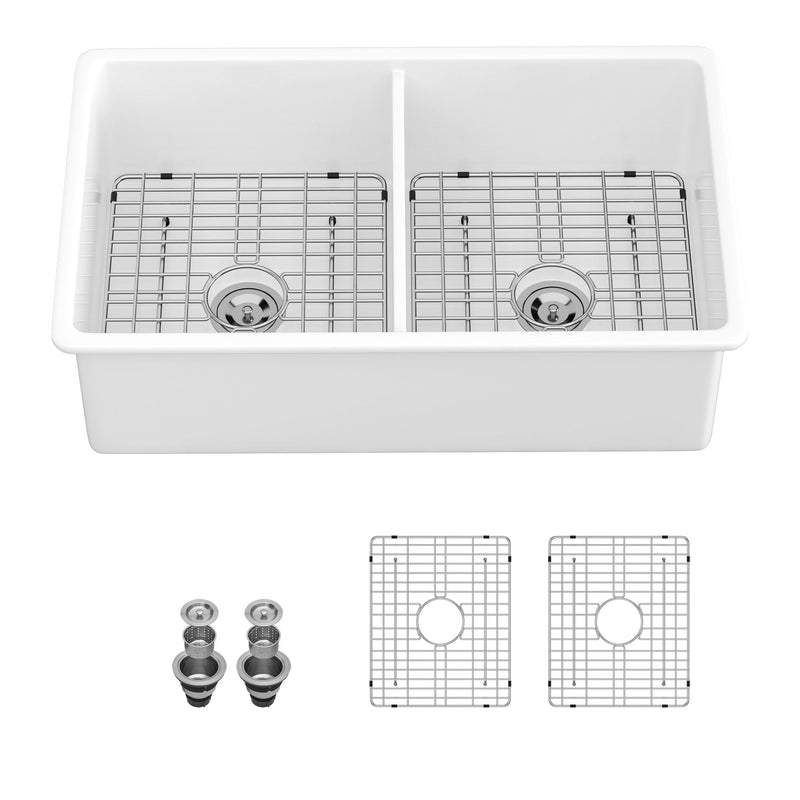 Elegant Dual Mount 32" Undermount Double Bowl Ceramic Kitchen Sink - White