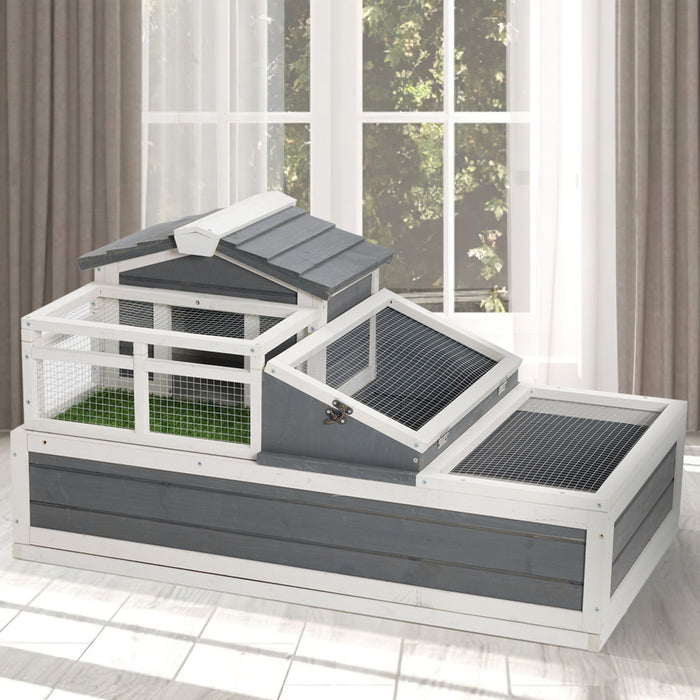 Luxury 3 Room Wooden Tortoise House Habitat With Turf Balcony & 2 Stories - Gray / White