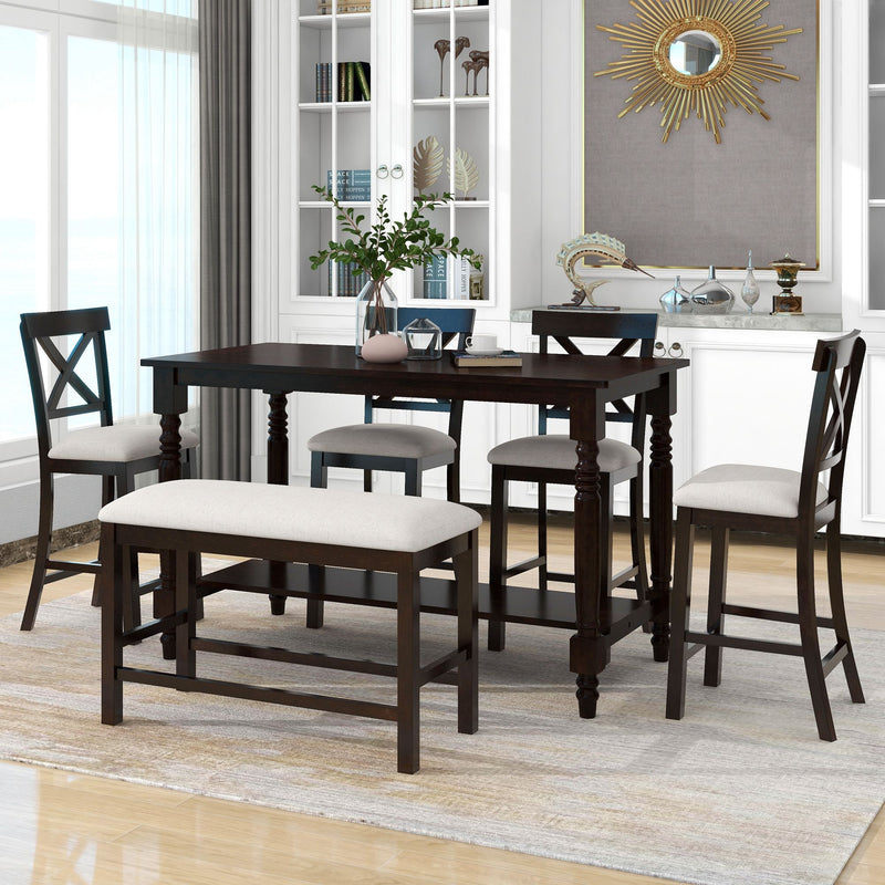 Counter Height Dining Set With Shelf, 4 Chairs And Bench - Espresso
