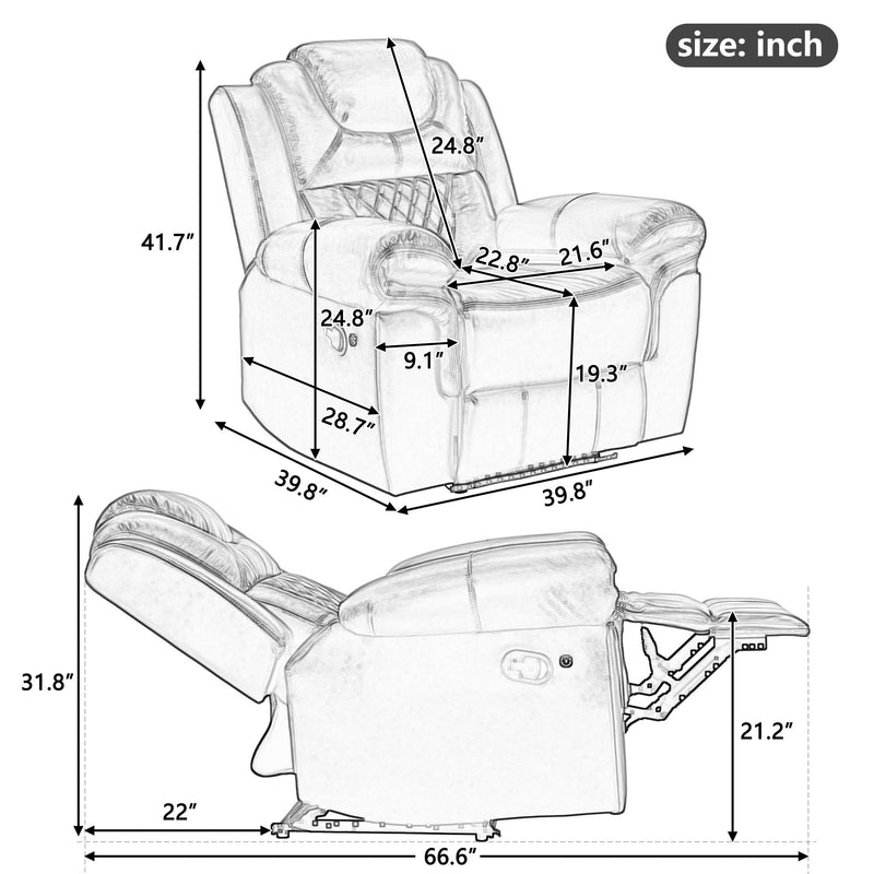 3 Pieces Recliner Sofa Sets Home Theater Seating Manual Recliner Chair With Center Console And LED Light Strip For Living Room