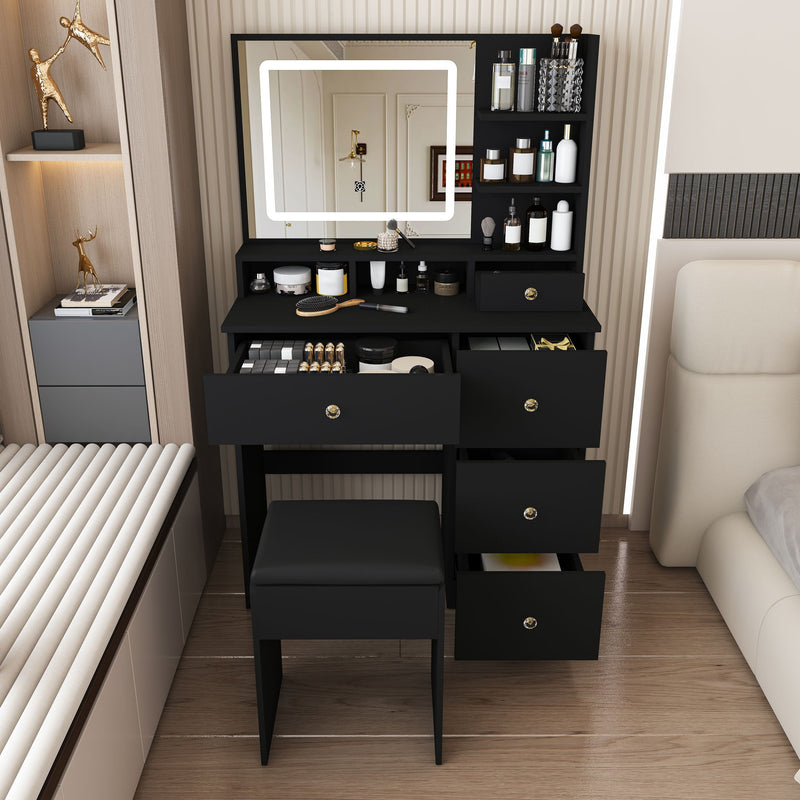 Vanity Desk With Mirror, 3 Color Lighting And Stool