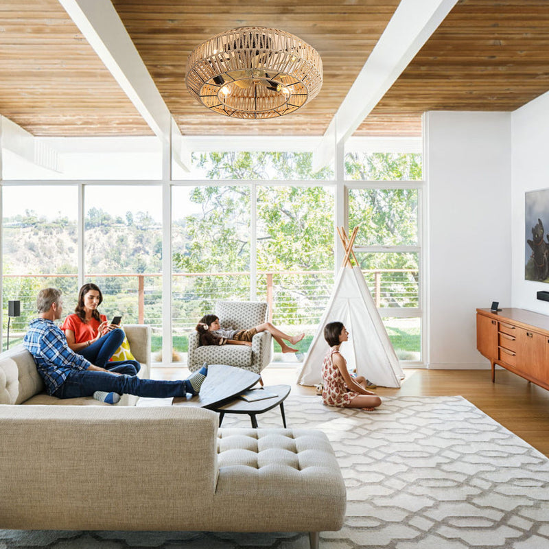 22" Caged Ceiling Fan With DC Motor, 6 Speeds Remote Control For Living Room - Rattan
