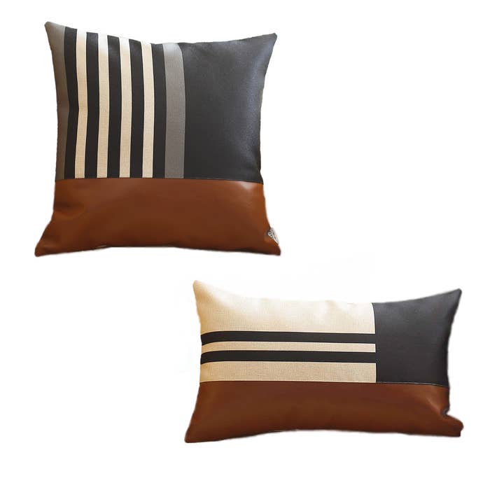 Boho-Chic Faux Leather Throw Pillows| Set of 2 | Black, Brown, Ivory | 12x20 & 18x18