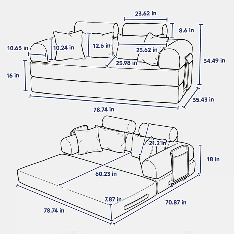 Convertible Sleeper Sofa Bed With High Density Compressed Sponge, Upholstered Couch For Living Room