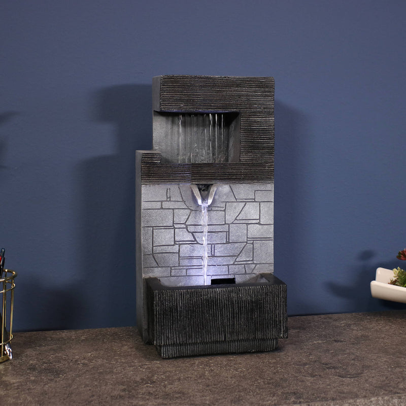 13" Modern Tiered Brick Polyresin Indoor Fountain with LED