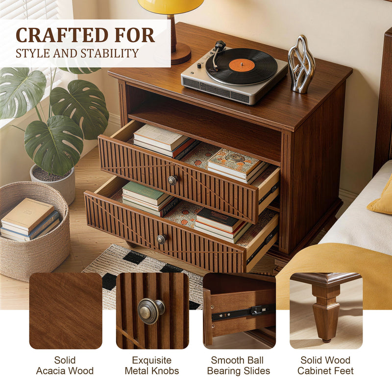Nightstand With Charging Station, 2 Drawer Bedside Table - Walnut