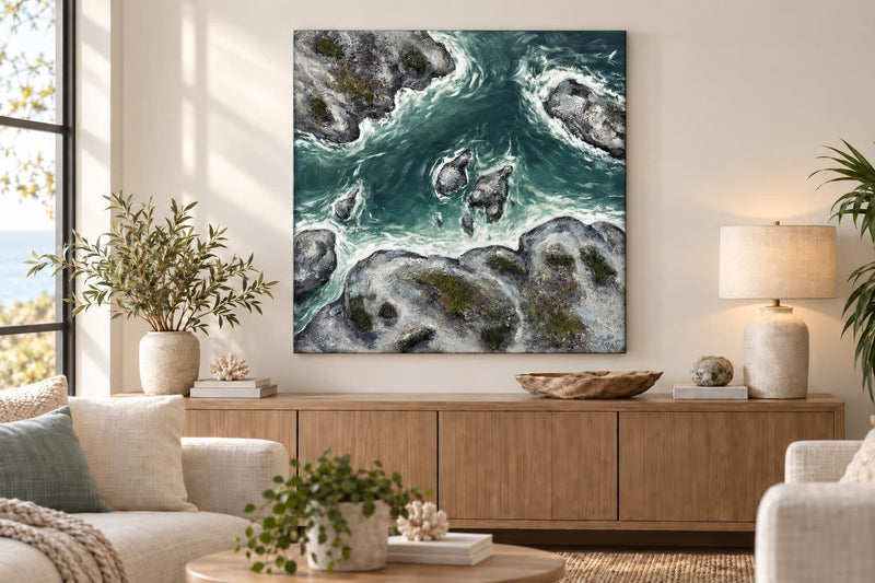 Tide Through Stone - 40 X 40 - Hand-Painted Wrapped Canvas With Faux Moss - Teal