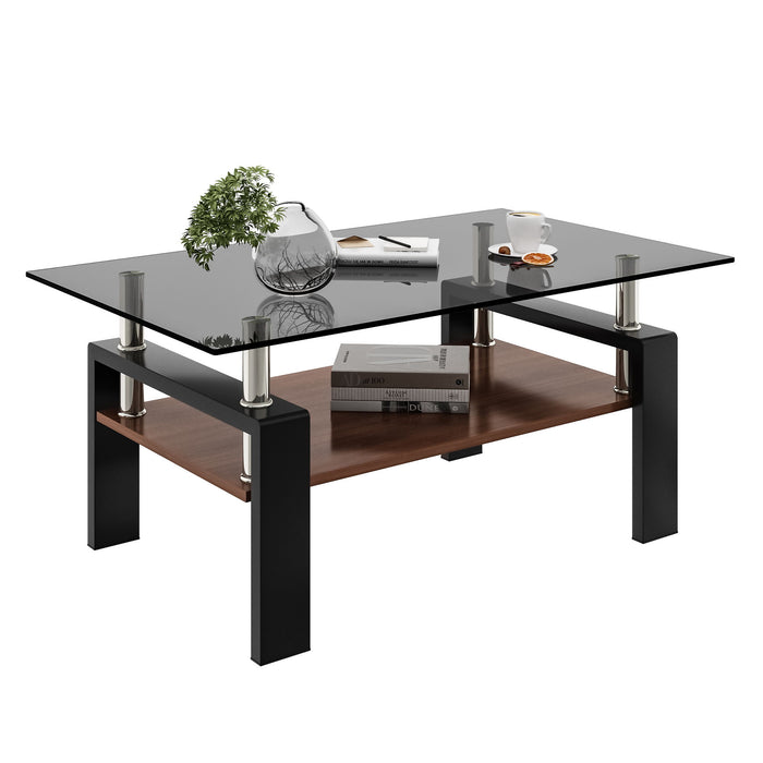 Modern Rectangular Coffee Table With Tempered Transparent Glass Top And Storage Shelf