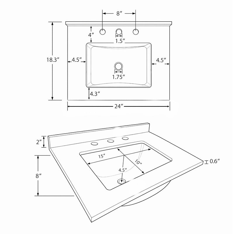 Basin Sink, 0.6" Ultra Thin Profile, Triple Faucet Holes