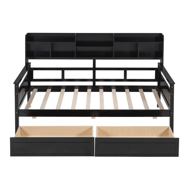 Daybed, Slat Support, With Bedside Shelves And 2 Drawers