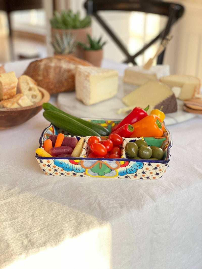 Encantada Handmade Pottery 9-inch Divided Platter, Dots & Fl