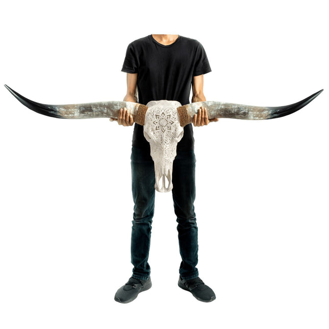 Skull Bliss | Hand Carved Longhorn Skull - White Mandala