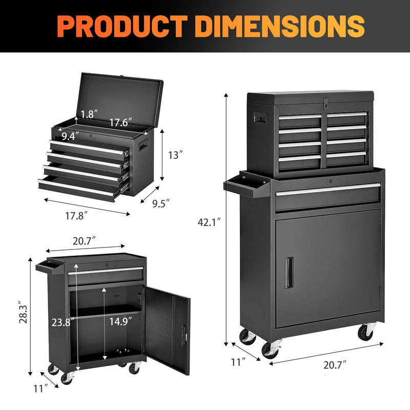 Tool Chest, 5 Drawer Rolling Tool Storage Cabinet With Detachable Top Tool Box, Liner, Universal Lockable Wheels, Adjustable Shelf, Locking Mechanism, Metal Tool Cart For Garage Workshop
