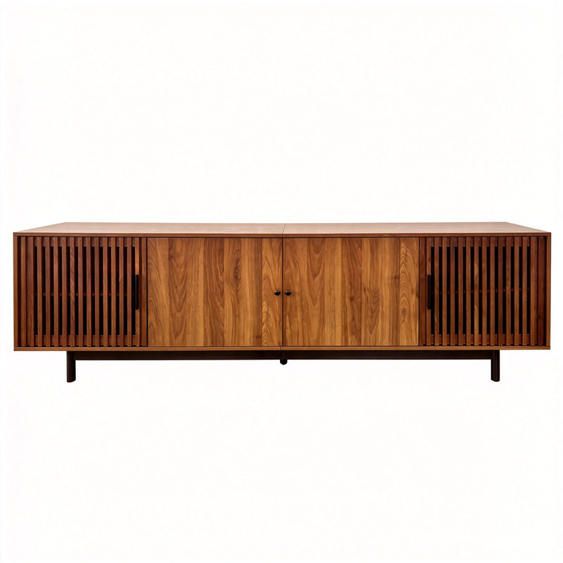 TV Stand, Media Console & Soft Closing Hinges, Adjustable Shelves, Slatted Doors - Walnut