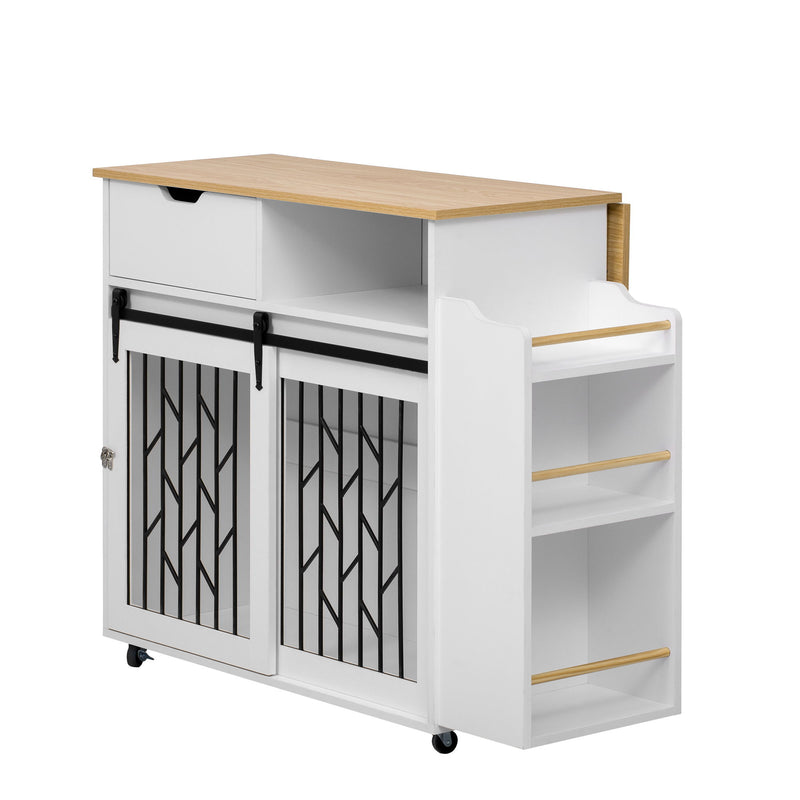 Modern Style 2 In 1 Pet Friendly Dog Crate Kitchen Island End Table Metal Pine - Natural / White