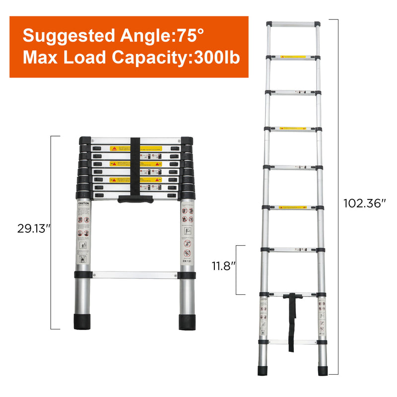 Telescopic Extension Ladder, Folding Portable Multi Purpose For Indoor Outdoor Work - Black