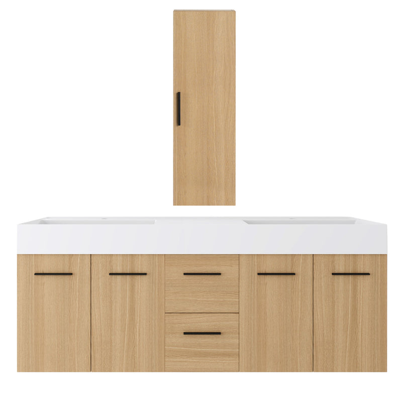 Floating Double Sink Bathroom Vanity Set With Tall Linen Cabinet, Drawers And Doors, Extra Large Storage, Integrated Sink, Soft Close Hardware - Glossy White / Light Oak