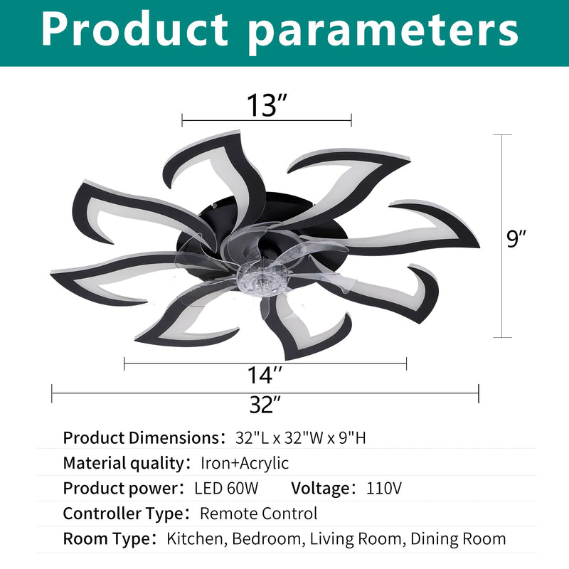 Flower Ceiling Fan With Remote Controlled LED Light, Flush Mount DC Motor Fan
