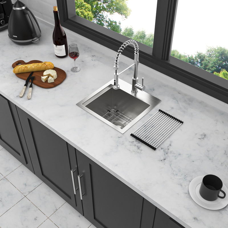 Modern Stainless Steel 15" Drop In Kitchen Sink Workstation With Accessories - Brushed Nickel