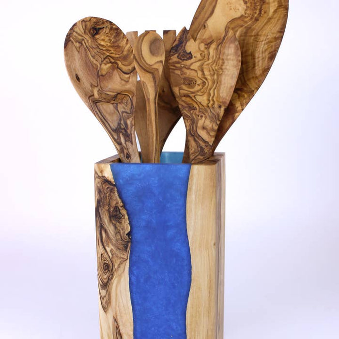 Olive Wood Resin Utensil Holder | Blue