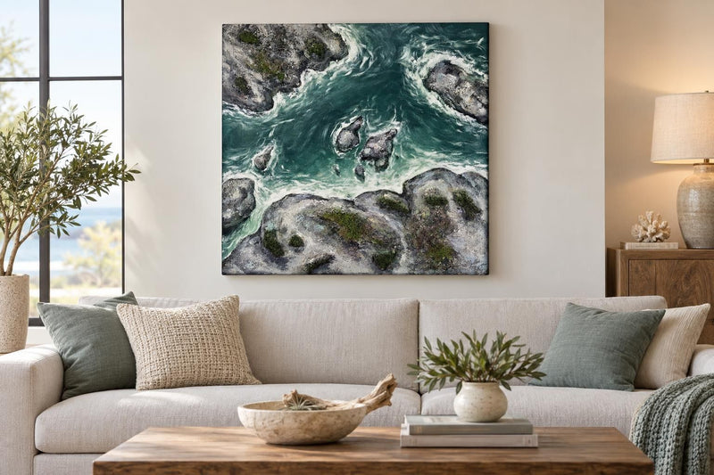 Tide Through Stone - 40 X 40 - Hand-Painted Wrapped Canvas With Faux Moss - Teal