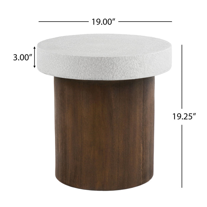Mgo Cylindrical Side Table With Faux Stone Top And Wood Faux Base - Antique White / Natural