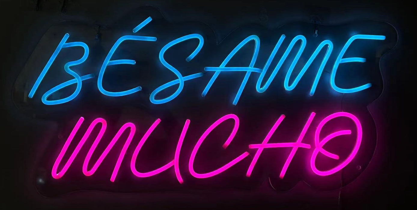 "Besame Mucho" LED Neon On Acrylic - Blue / Pink / Clear