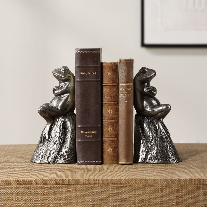 Daydreaming Bird - Frogs Aged Silver Bookends (Set of 2)