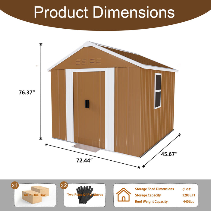Heavy Duty Metal Storage Shed With Windows, Lockable Door & Ventilation, Weatherproof Outdoor Garden Shed For Backyard, Brown Iron 6X4 Ft