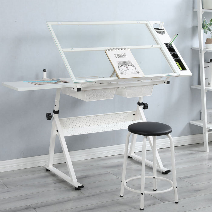 Adjustable Tempered Glass Drafting Printing Table With Chair