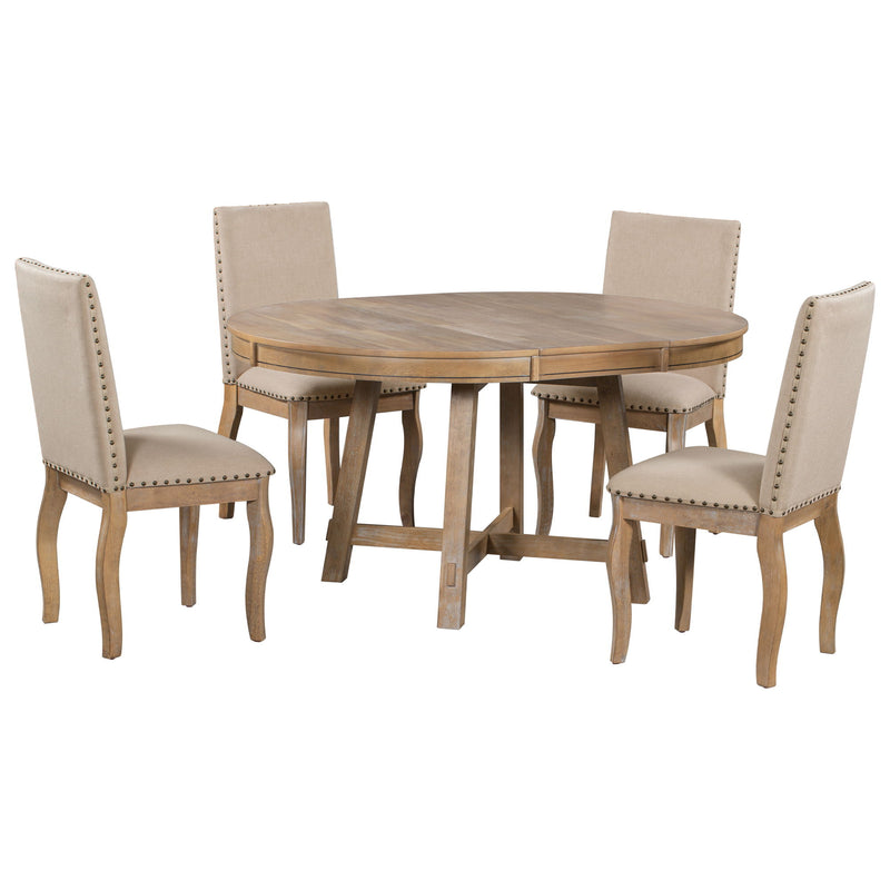 Round Extendable Dining Table Set With 4 Upholstered Chairs