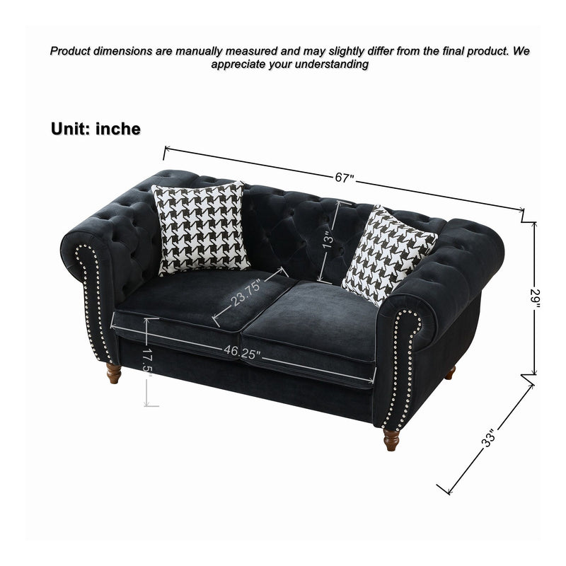 Chesterfield Upholstery Fabric Loveseat With Roll Armrest And Nailhead