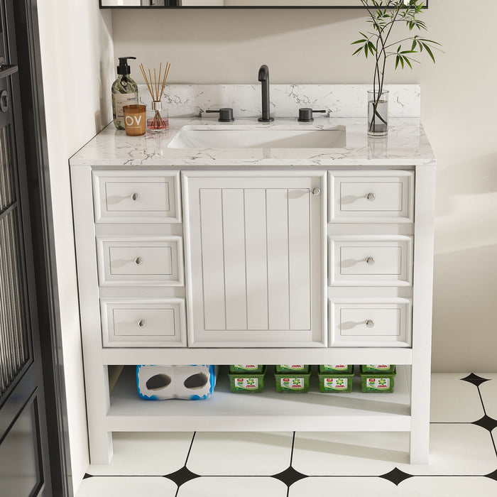 37" Bathroom Vanity With Artificial Marble Carrara Top, Multi Functional Cabinet With Doors And Drawer - White