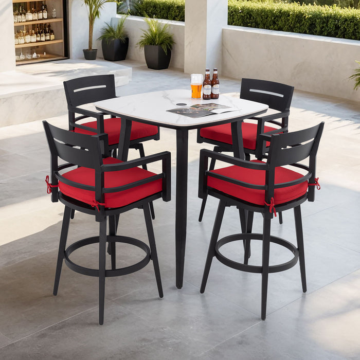 5 Pieces Outdoor Patio Bar Set, Rounded Square Sintered Stone Table & 4 Swivel Bar Chairs