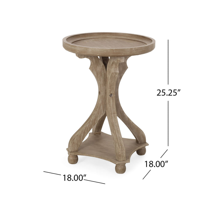Rustic French Country Accent Table With Hourglass Firwood Base And Lipped Top