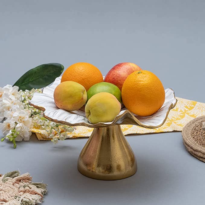 Flower Gold & White Fruit Bowl & Footed Pedestal Cake Stand