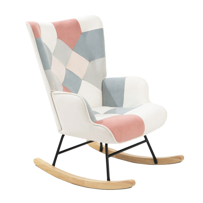 Mid Century Rocking Chair With Ottoman Patchwork Linen Wood Legs Design Living Room And Bedroom - Colorful
